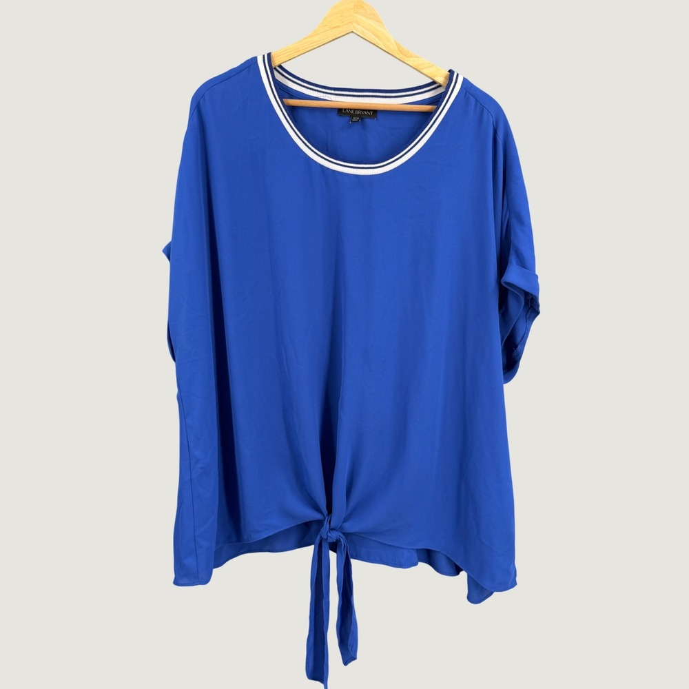 Lane‎ Bryant Tie Front Top Size 18/20 Blue Short Sleeve Striped Trim Blouse